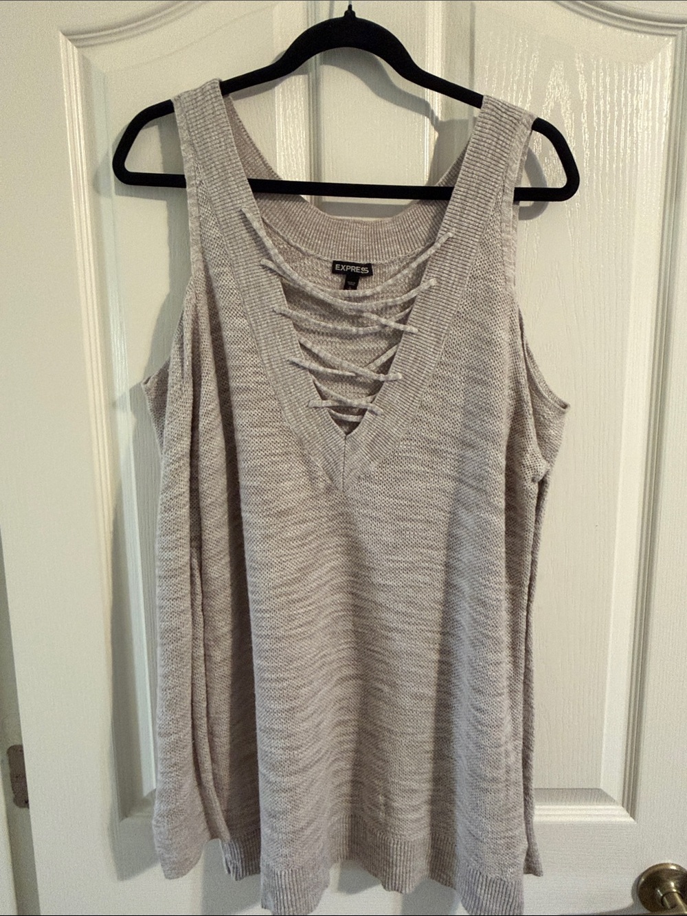 Express Light Gray Lace-Up V-Neck Cold Shoulder Sweater Large